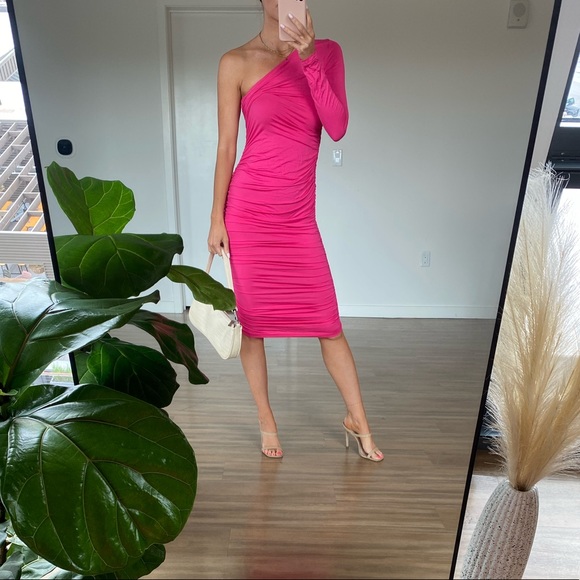 Pink One-Shoulder Ruched Bodycon Dress - Picture 1 of 3